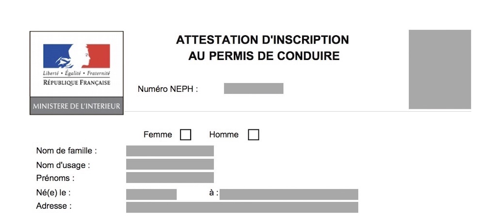 Attestation d'inscription au permis de conduire