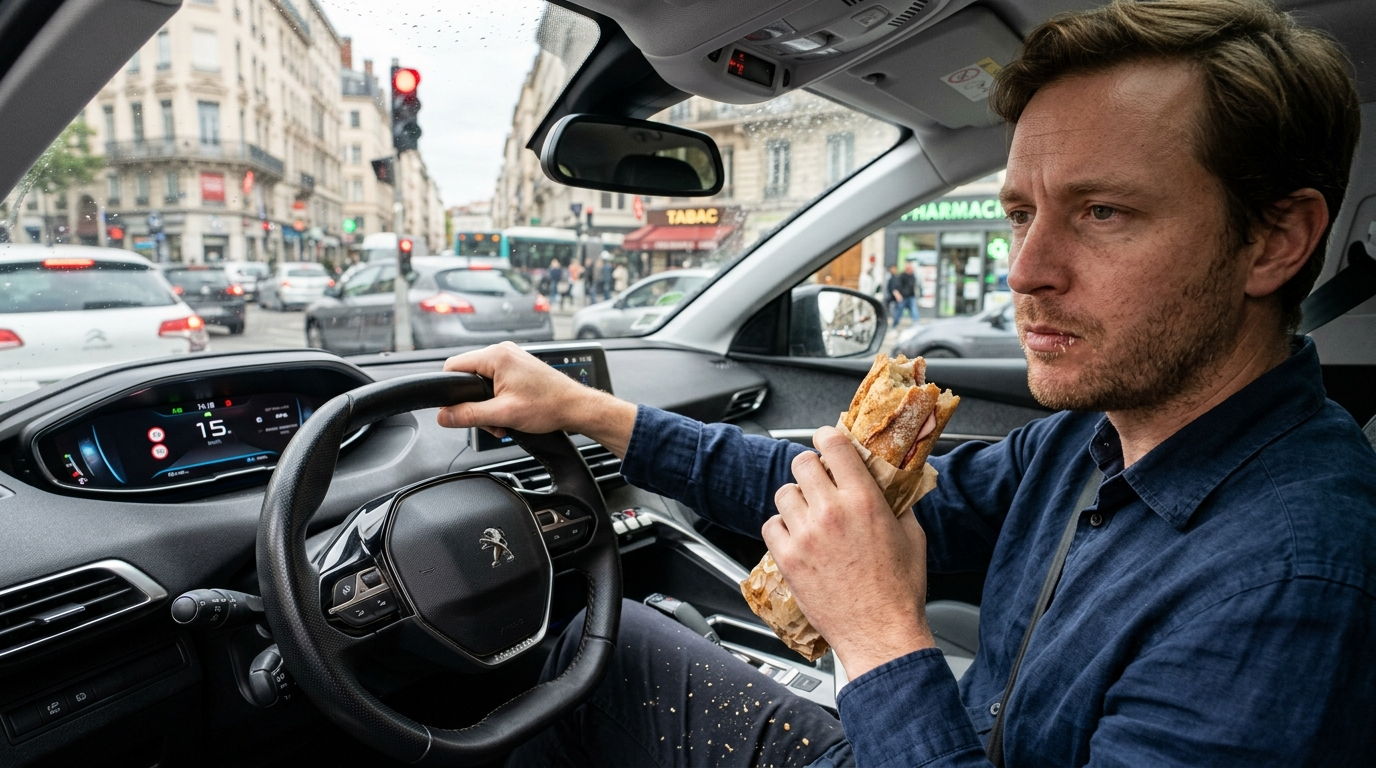 Conducteur tenant un sandwich au volant sur route française, feu rouge visible à travers le pare-brise