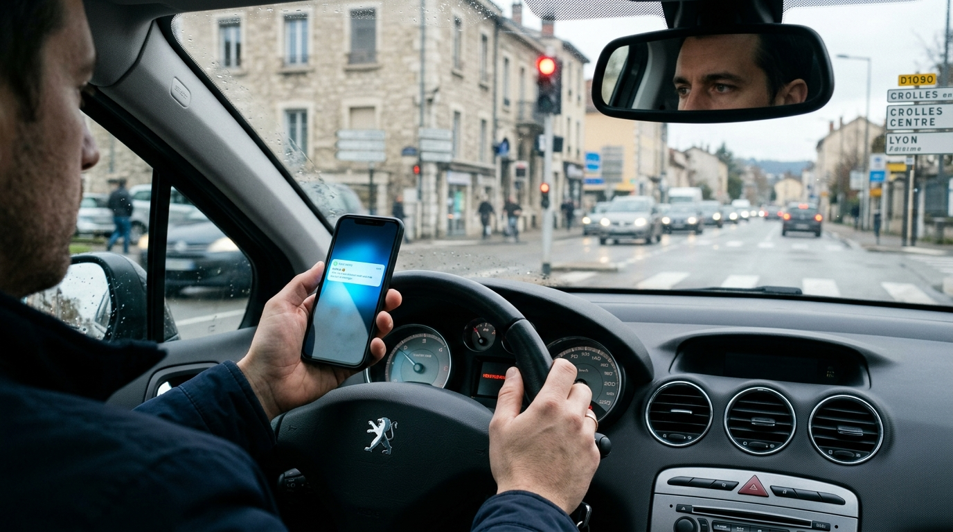 Main tenant un smartphone au volant avec feu rouge en arrière-plan flou, distraction au volant