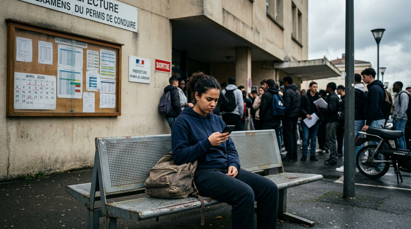 Jeune candidat au permis attendant devant un centre d'examen français, regard sur son téléphone