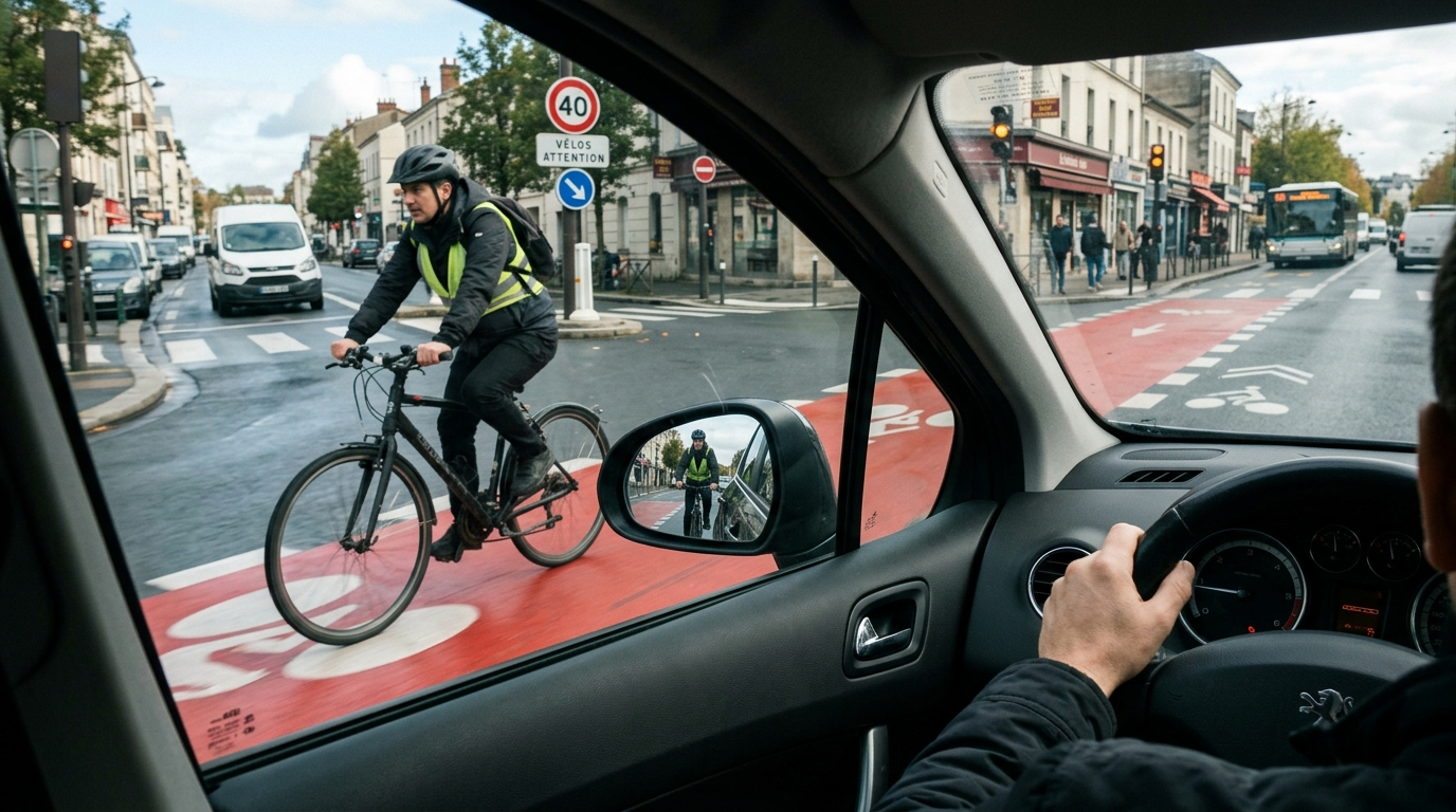 Vue conducteur depuis l'habitacle d'une voiture avec cycliste visible dans la piste cyclable rouge en ville