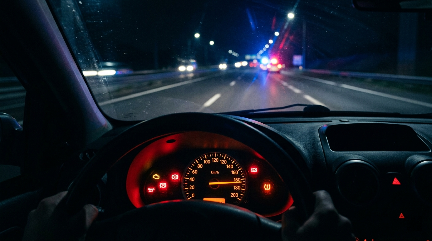 Compteur de vitesse à plus de 180 km/h avec gyrophares de police visibles au loin sur autoroute de nuit