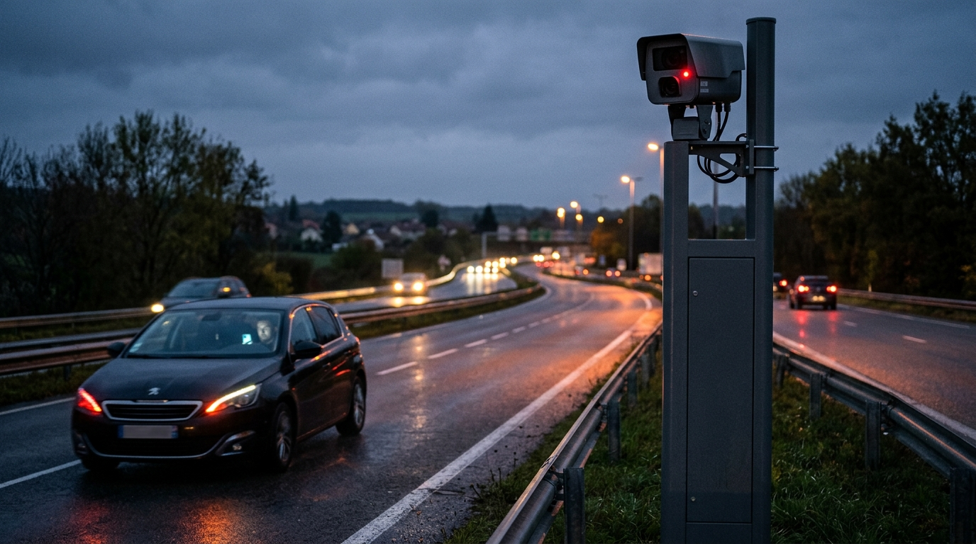 Caméra radar de surveillance sur bord de route française de nuit, détection téléphone au volant