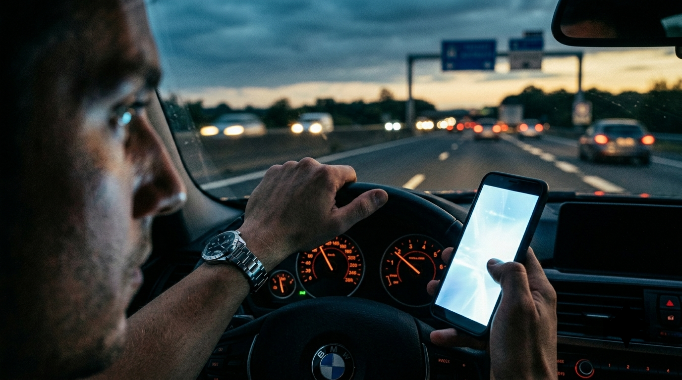 Main tenant un smartphone allumé au volant sur autoroute : suspension immédiate du permis pour téléphone au volant dans les départements pilotes depuis mai 2026