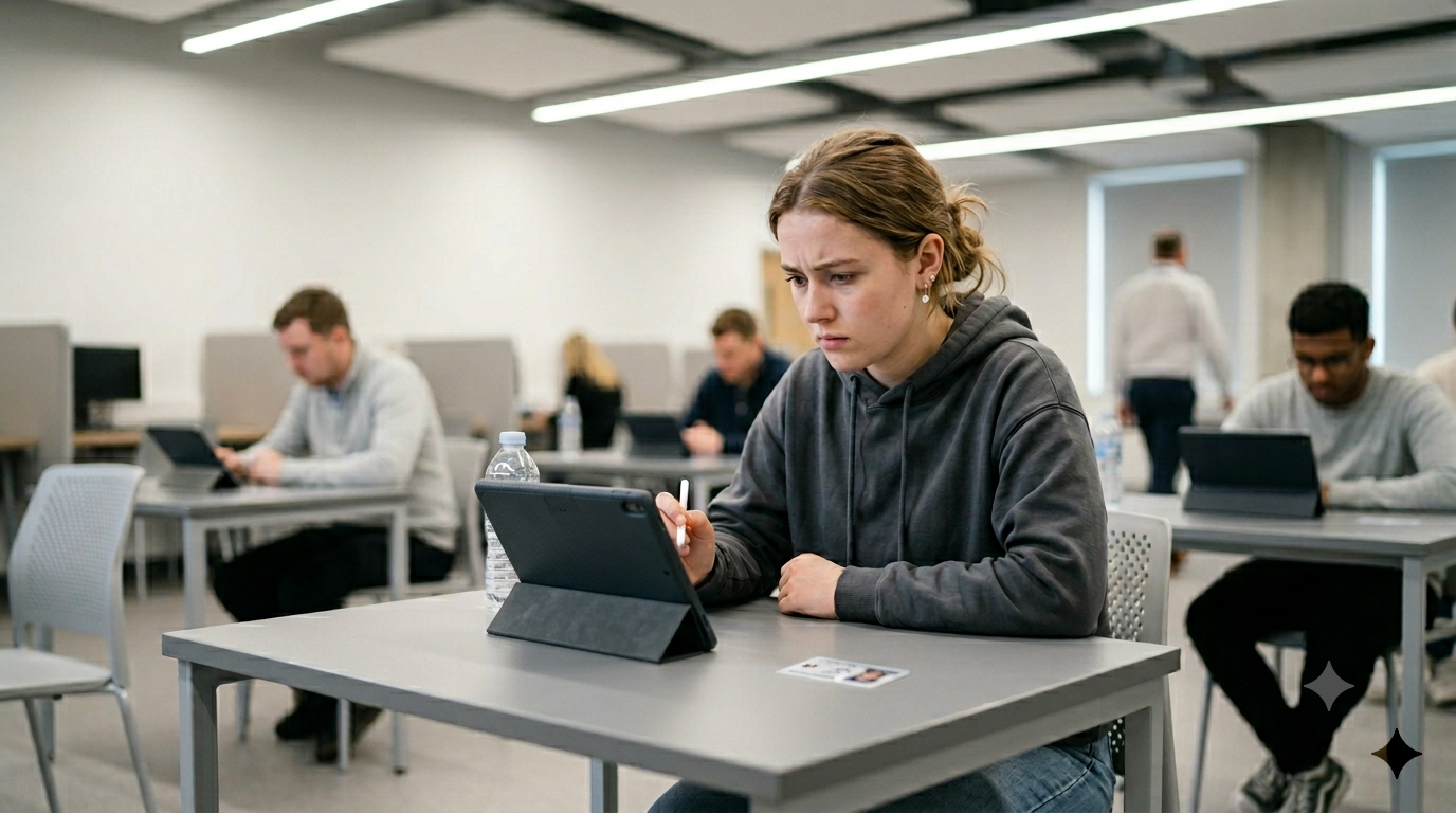 Jeune candidat concentré devant une tablette numérique lors de l'examen du Code de la route : réforme du code de la route, questions situationnelles et simplification