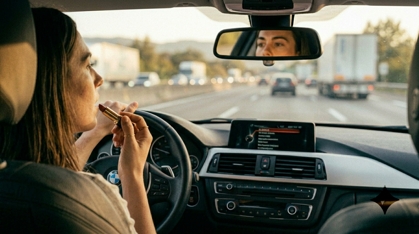 Conductrice appliquant du rouge à lèvres au volant : gestes de distraction au volant passibles de 135 € d'amende pour défaut de maîtrise du véhicule