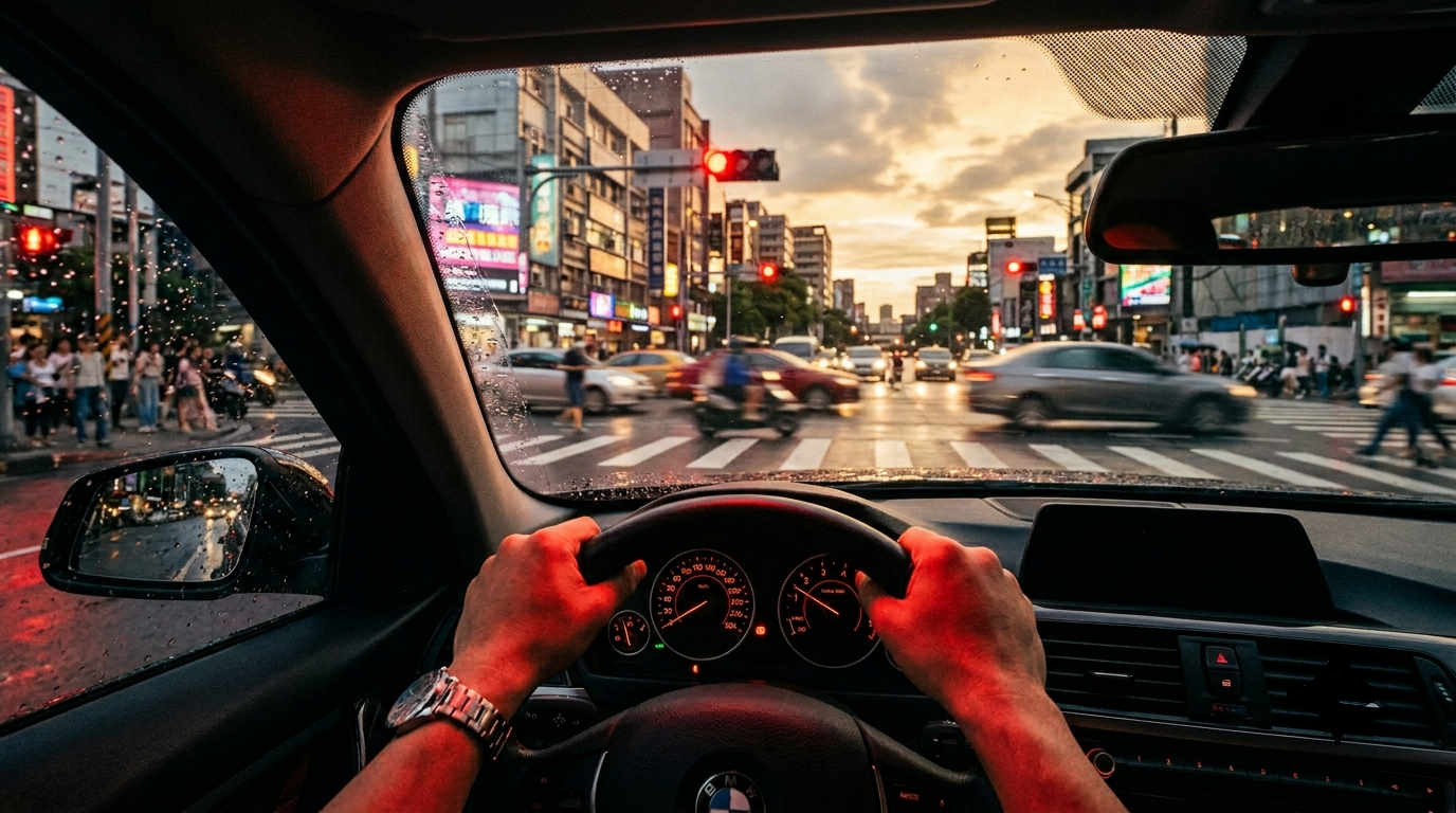 Conducteur au volant face à un feu rouge en plein carrefour urbain : infractions feu rouge grillé et stop non respecté, amendes et retrait de points