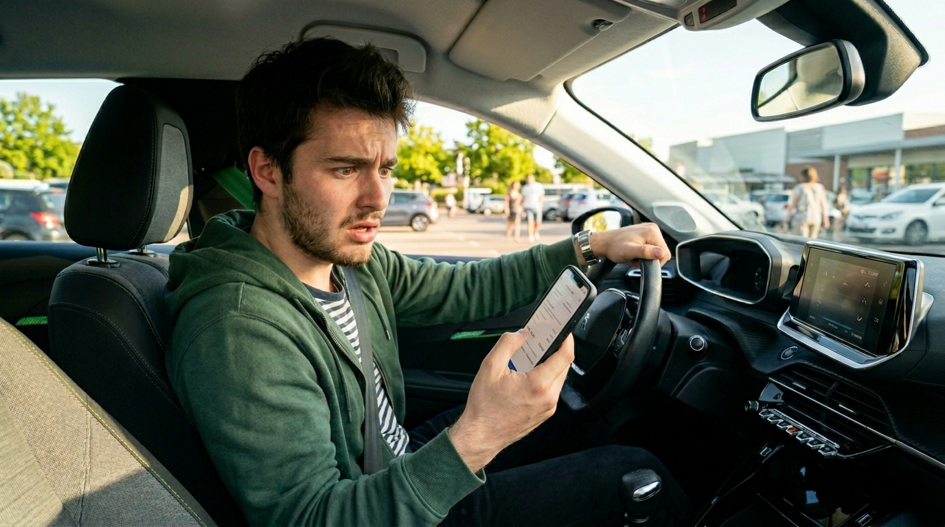 Jeune conducteur surpris devant le montant de sa prime d'assurance auto lors de sa première année de permis
