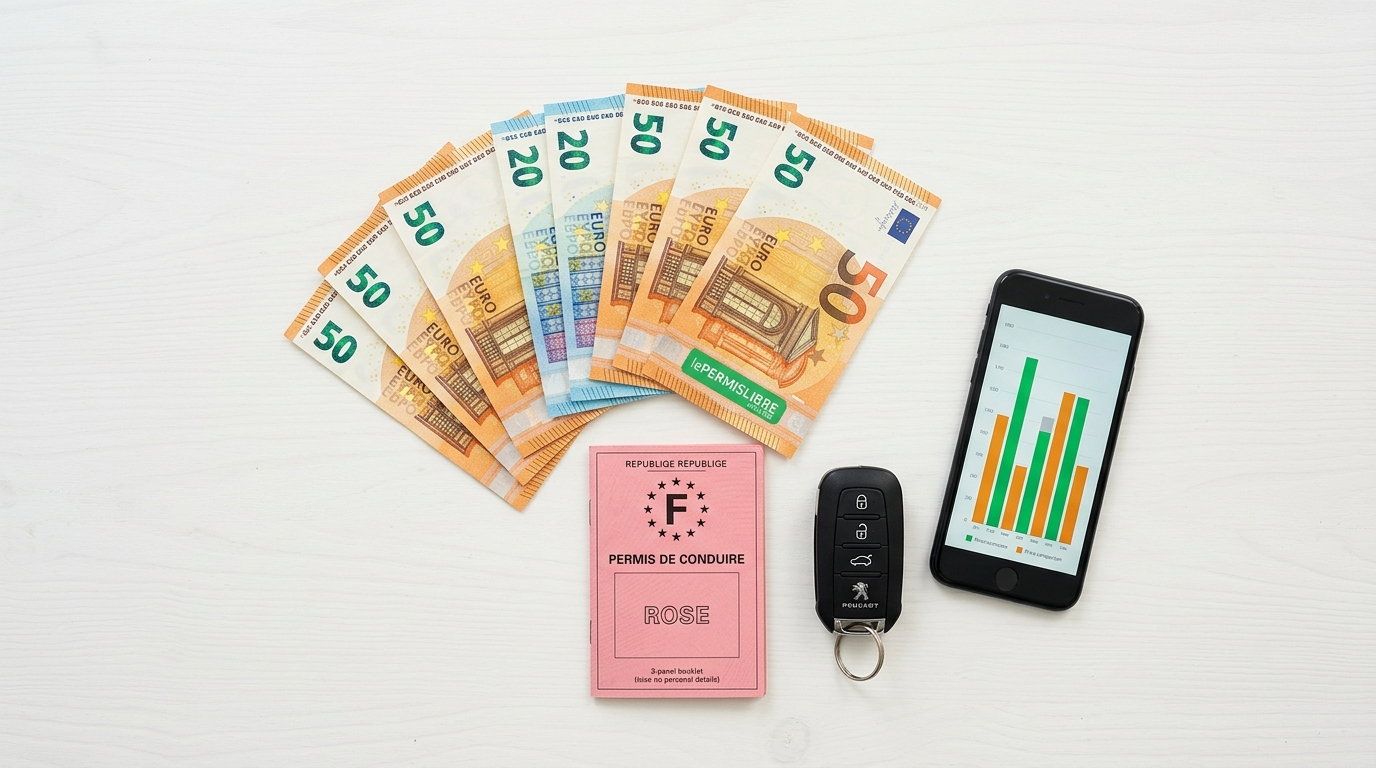 Permis de conduire, clé de voiture et billets d'euros symbolisant le coût élevé de l'assurance auto pour un jeune conducteur